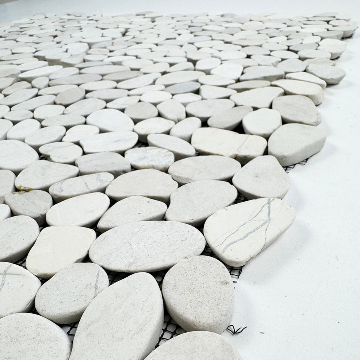 Serene Pebble Series Light Beige Semi-Matte Sliced Cutting Long Elliptic Shape Natural Pebble Stone Mosaic