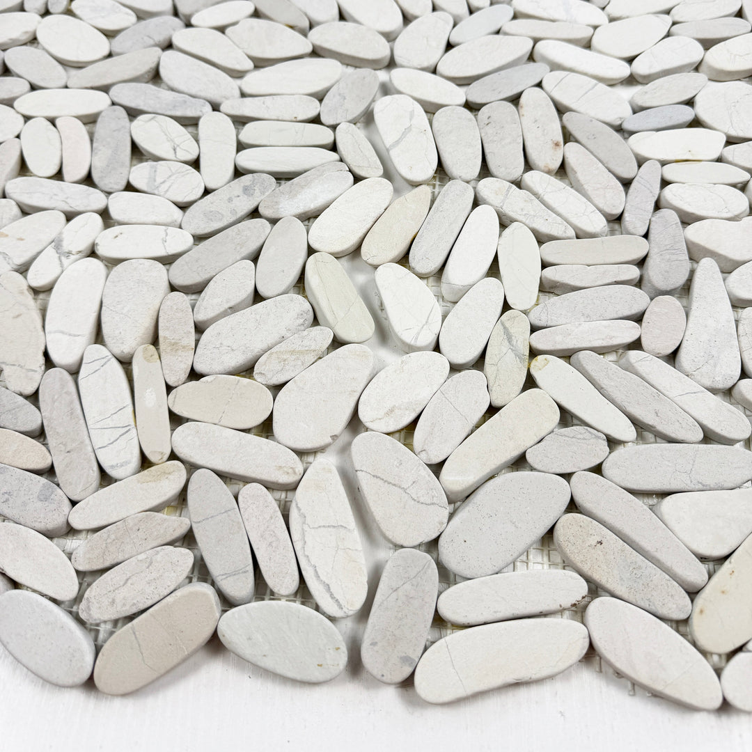 Serene Pebble Series Beige Semi-Matte Sliced Cutting Long Elliptic Shape Natural Pebble Stone Mosaic