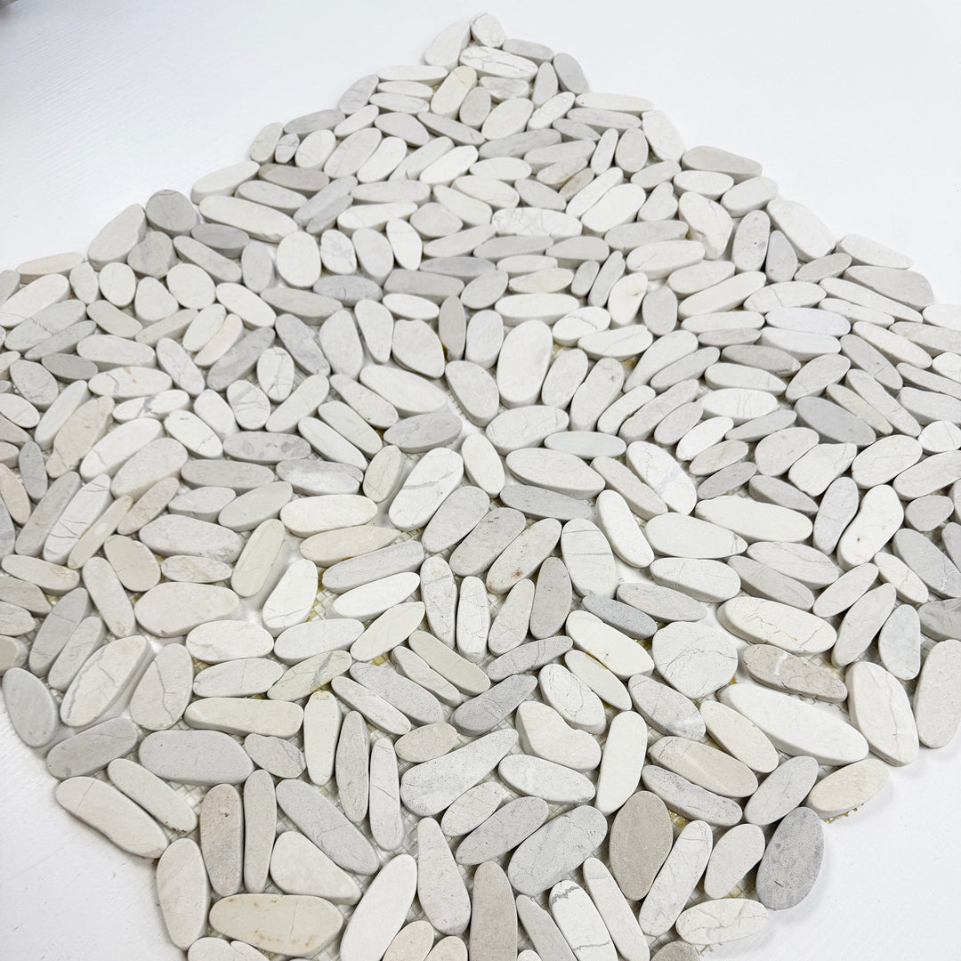 Serene Pebble Series Beige Semi-Matte Sliced Cutting Long Elliptic Shape Natural Pebble Stone Mosaic