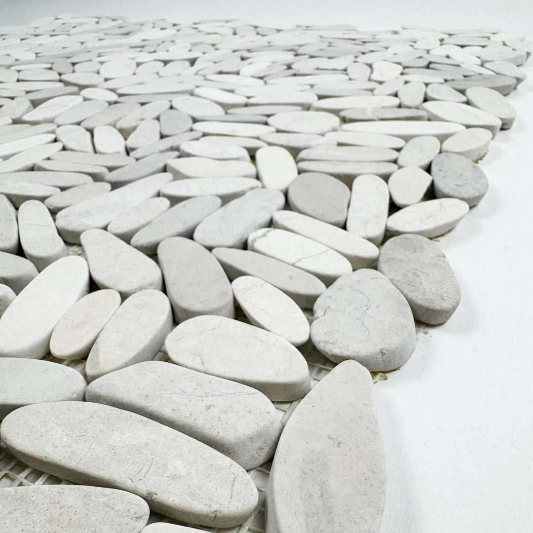 Serene Pebble Series Beige Semi-Matte Sliced Cutting Long Elliptic Shape Natural Pebble Stone Mosaic