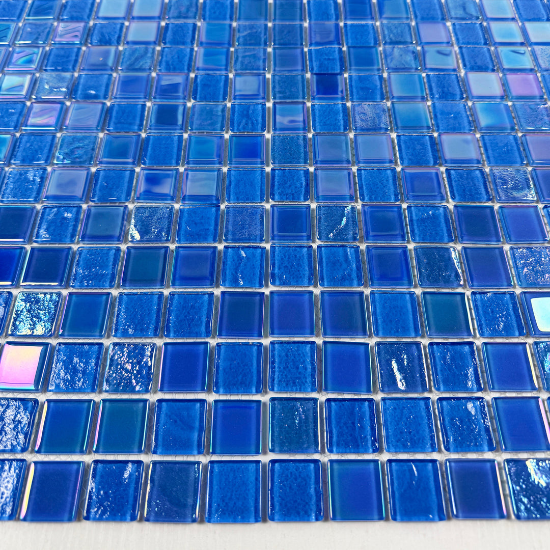 Lustre Flow French Blue Iridescent Mixed Wave Pattern Crystal Glass Mosaic
