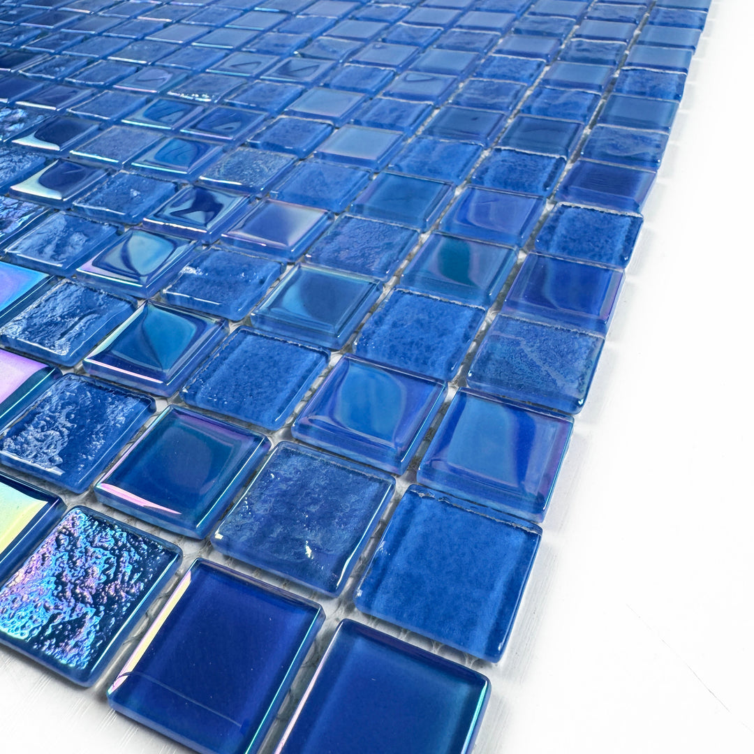 Lustre Flow French Blue Iridescent Mixed Wave Pattern Crystal Glass Mosaic