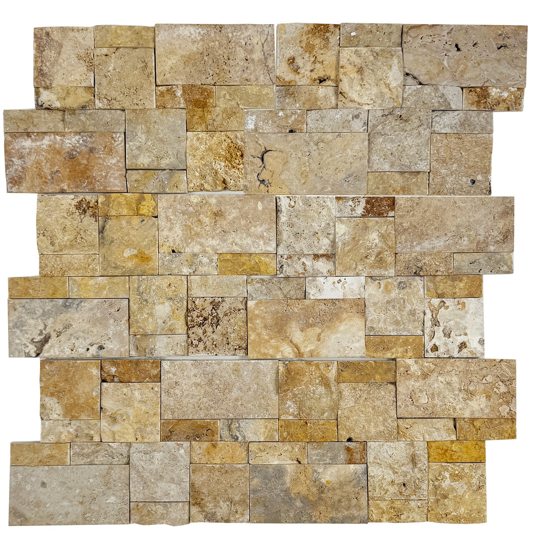 Golden Kasbah Golden Yellow Split Surface  Interlocking Rectangular Pattern Travertine Mosaic