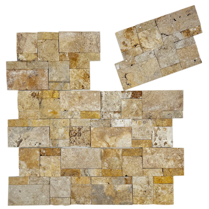 Golden Kasbah Golden Yellow Split Surface  Interlocking Rectangular Pattern Travertine Mosaic