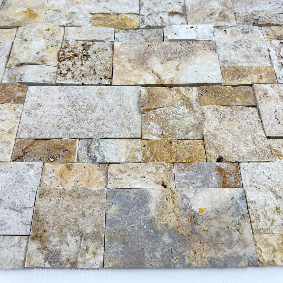 Golden Kasbah Golden Yellow Split Surface  Interlocking Rectangular Pattern Travertine Mosaic
