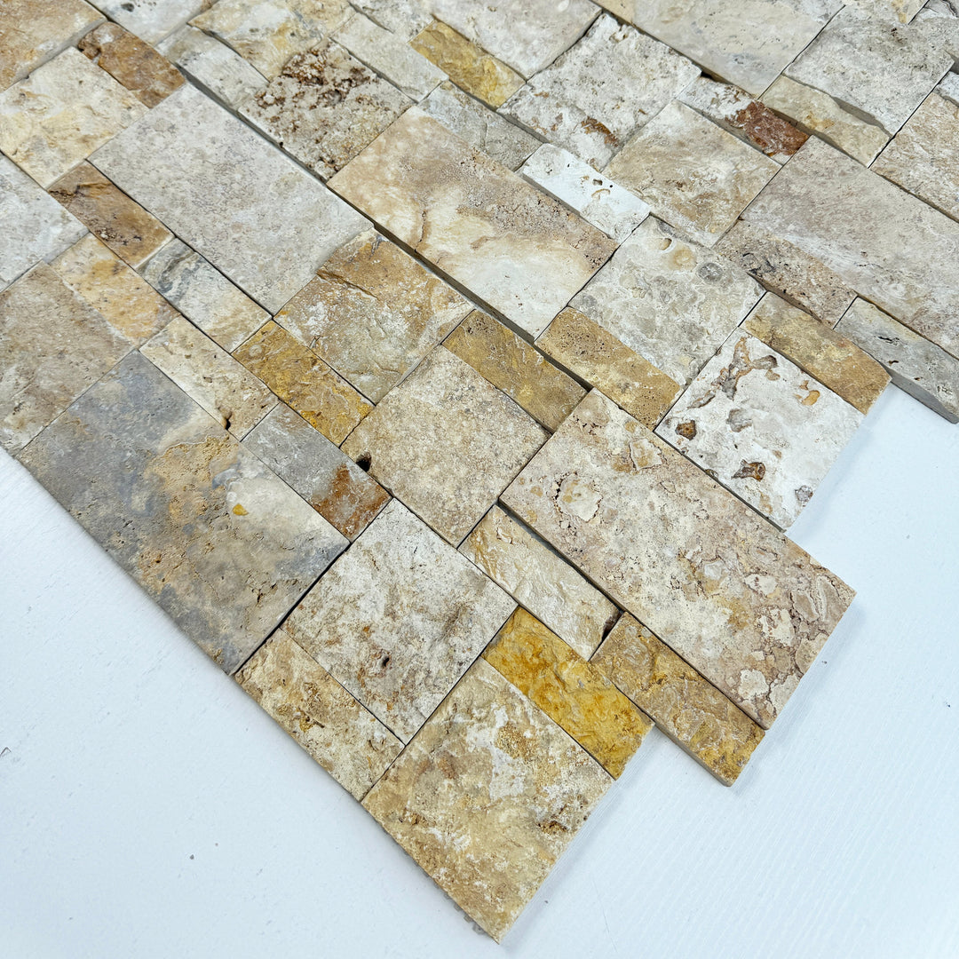 Golden Kasbah Golden Yellow Split Surface  Interlocking Rectangular Pattern Travertine Mosaic