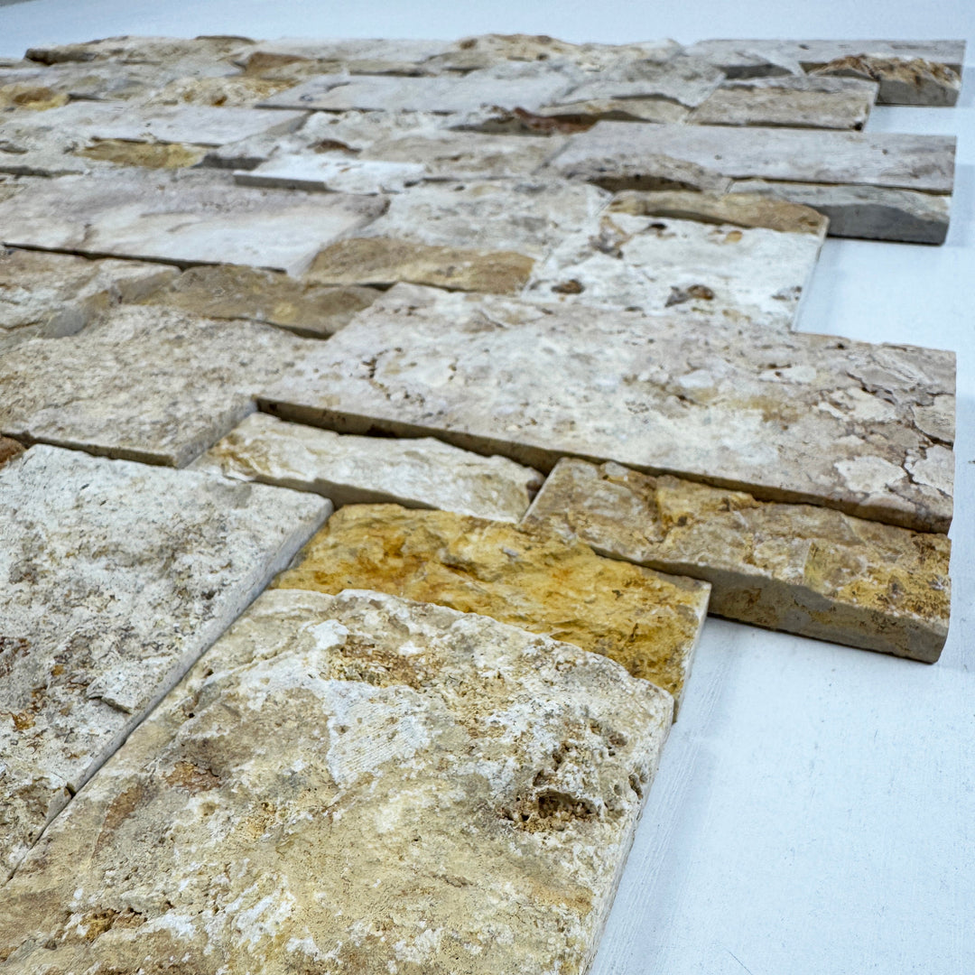 Golden Kasbah Golden Yellow Split Surface  Interlocking Rectangular Pattern Travertine Mosaic