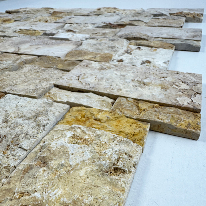 Golden Kasbah Golden Yellow Split Surface  Interlocking Rectangular Pattern Travertine Mosaic