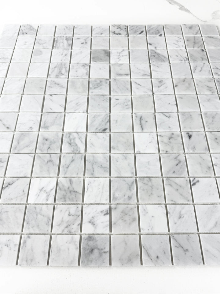 Carrara White Series Polished Square Marble Mosaic Tile, grey marble finish, polished surface