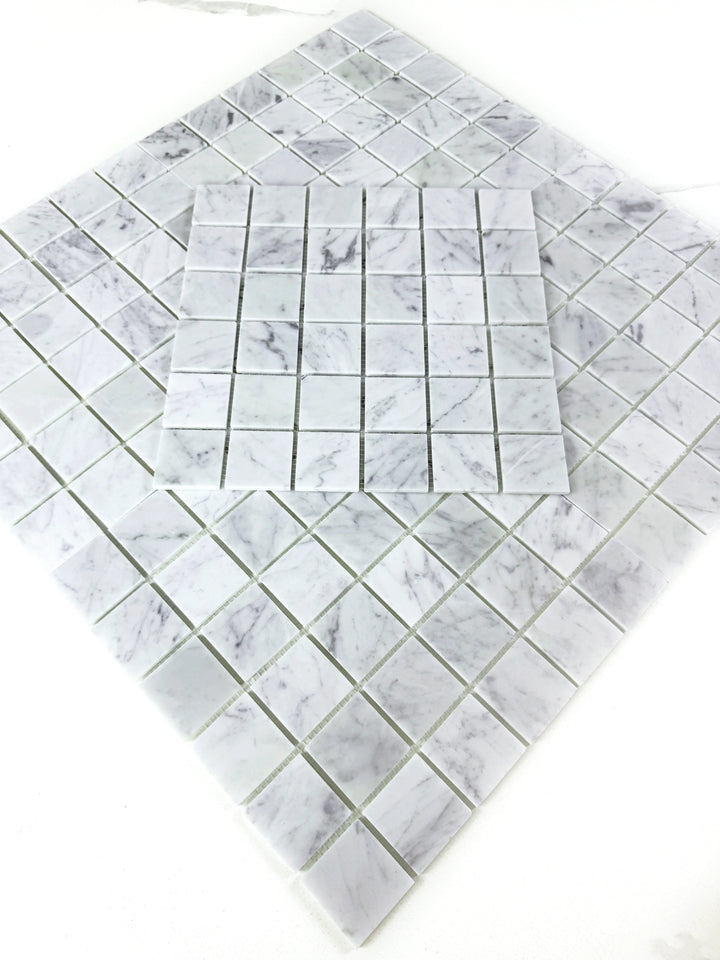Carrara White Series Polished Square Marble Mosaic Tile, grey marble finish, polished surface