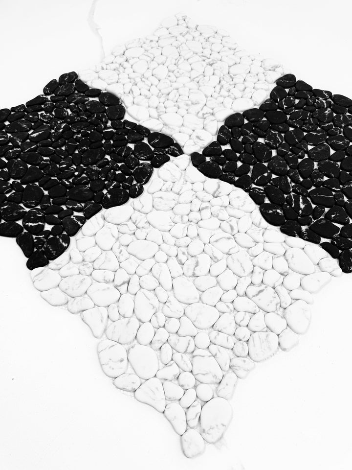 Serene Pebble Series Black With White Vein Semi-Matte Irregular Round Shape Artificial Pebble Stone Mosaic