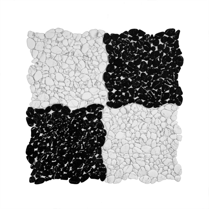 Serene Pebble Series Black With White Vein Semi-Matte Irregular Round Shape Artificial Pebble Stone Mosaic