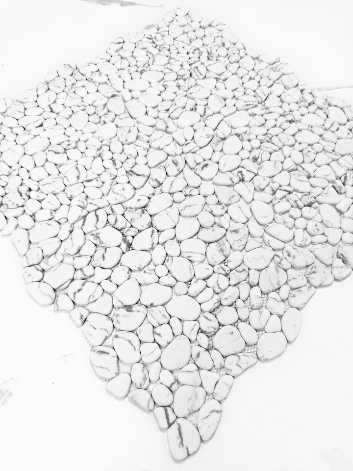 Serene Pebble Series White With Black Vein Semi-Matte Irregular Round Shape Artificial Pebble Stone Mosaic