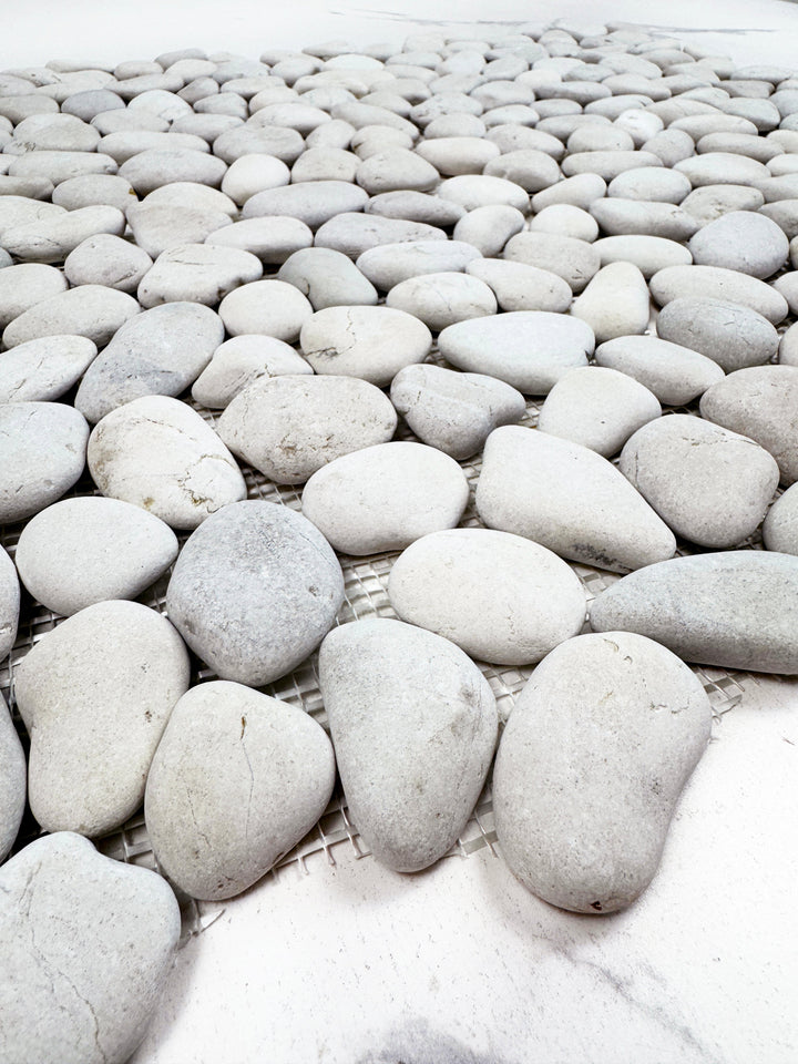 Serene Pebble Series Off White & Light Beige Semi-Matte Irregular Round Shape Natural Pebble Stone Mosaic