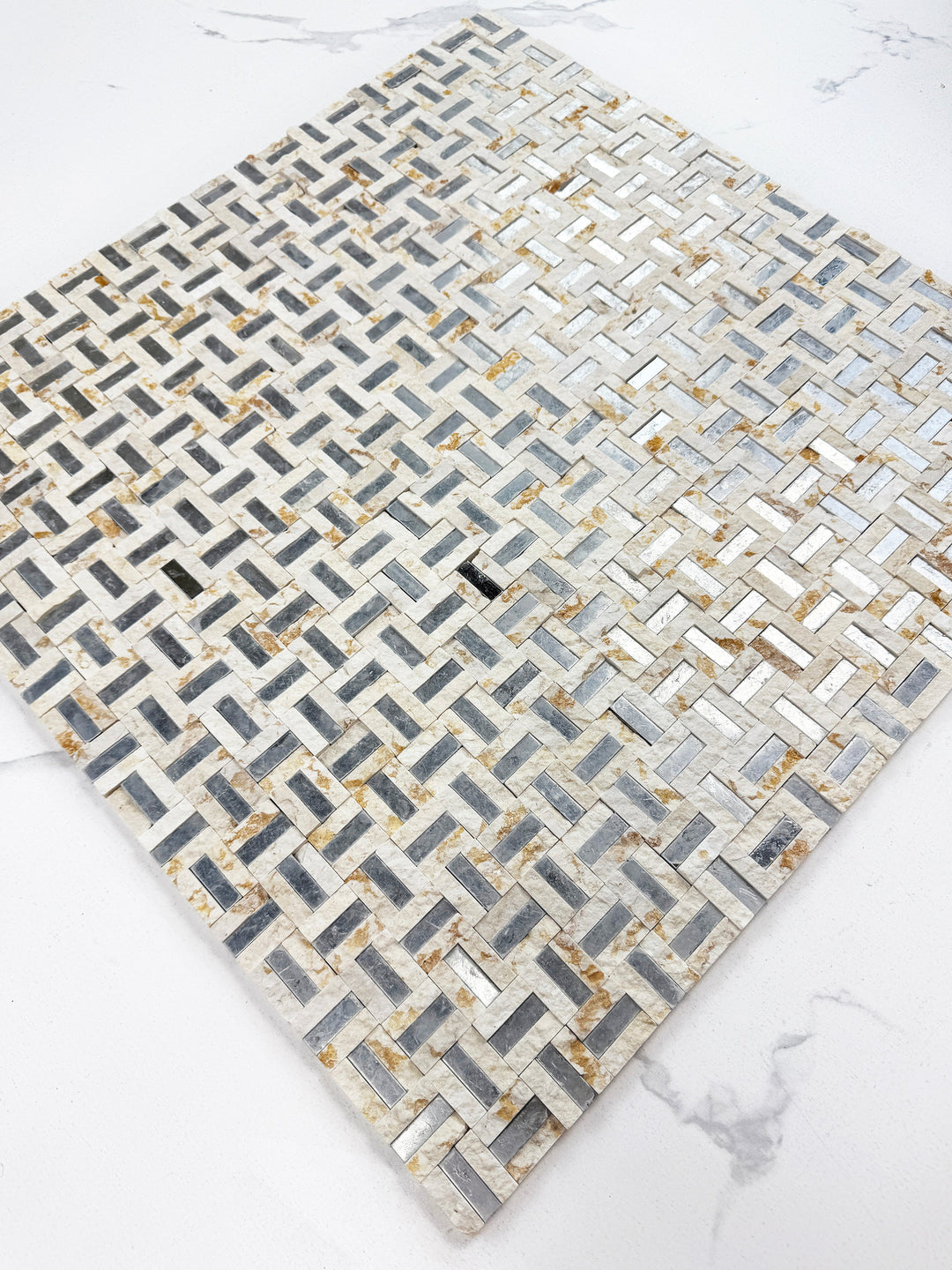 Sunny beige marble mosaic with silver stainless steel split surface