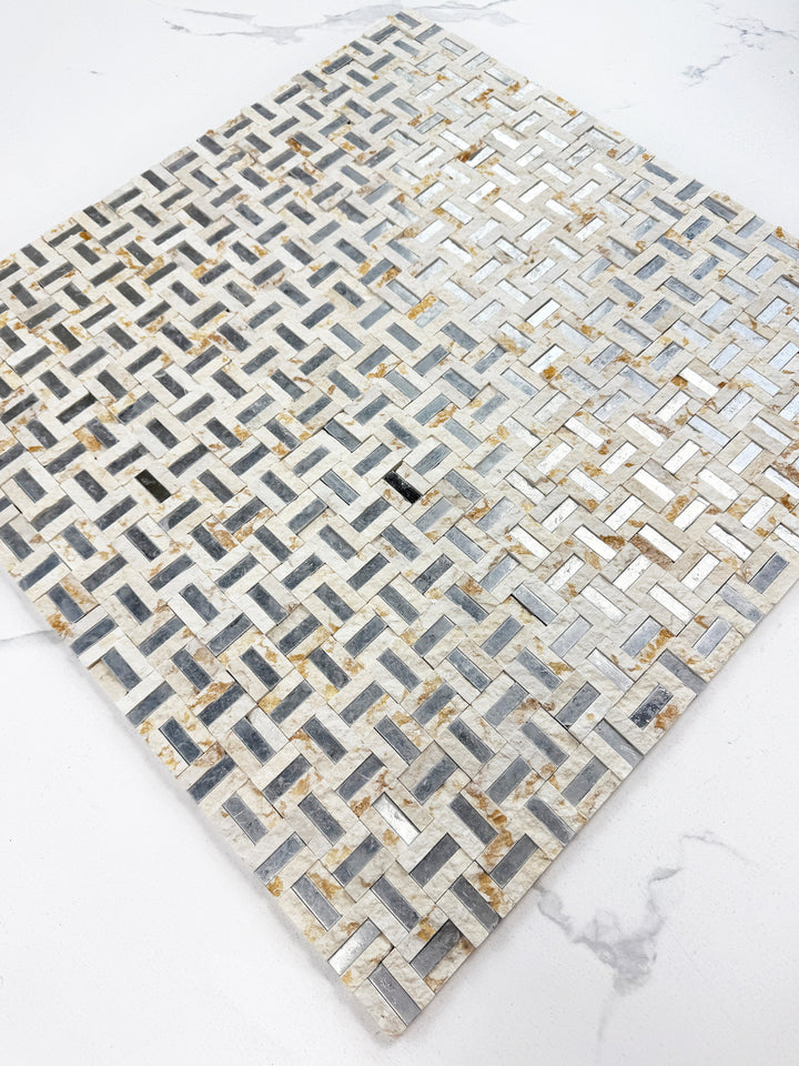 Sunny beige marble mosaic with silver stainless steel split surface