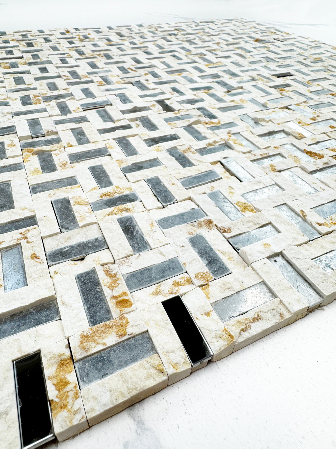 Sunny beige marble mosaic with silver stainless steel split surface