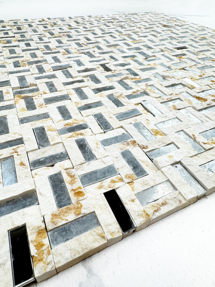 Sunny beige marble mosaic with silver stainless steel split surface