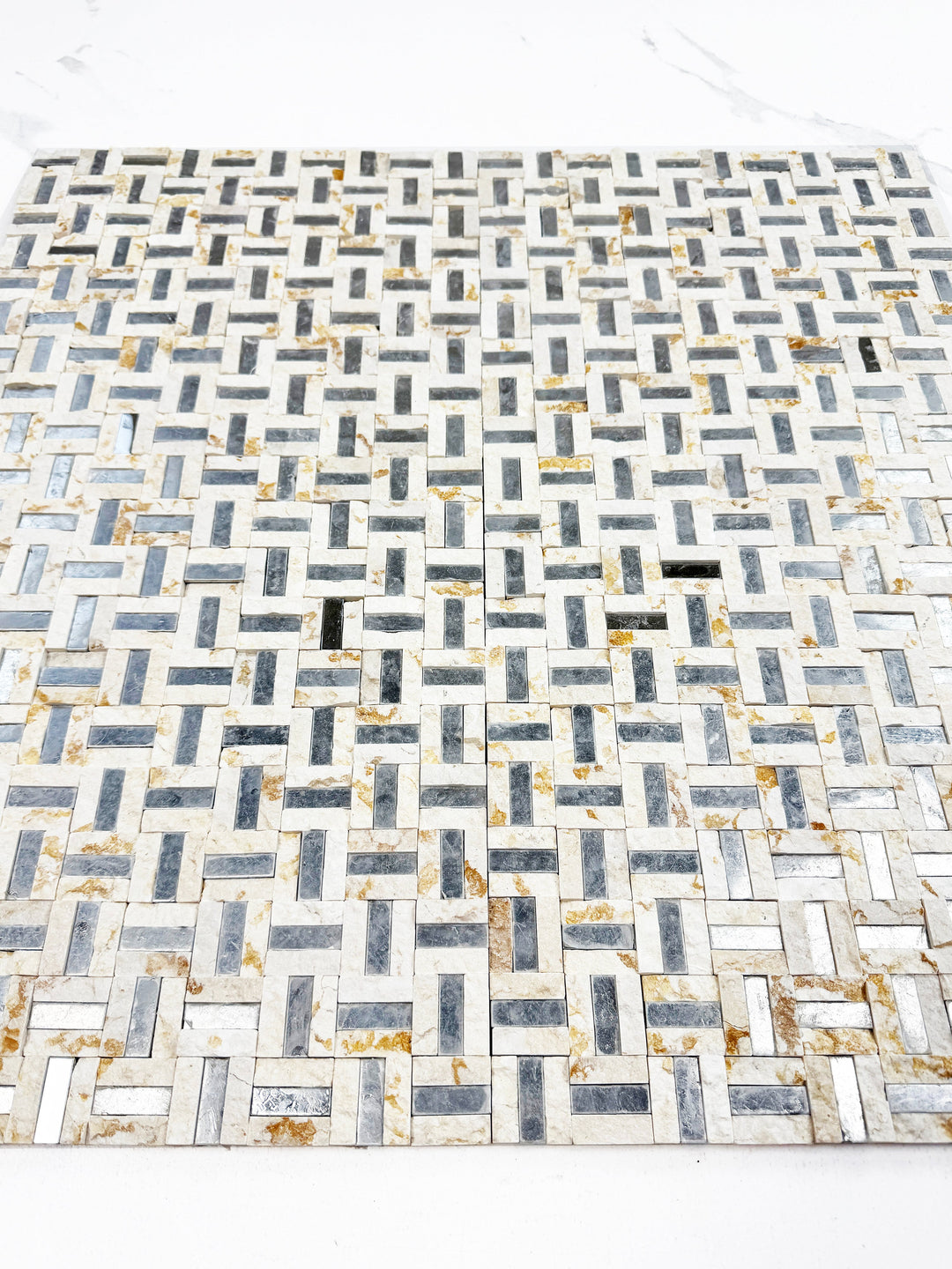 Sunny beige marble mosaic with silver stainless steel split surface