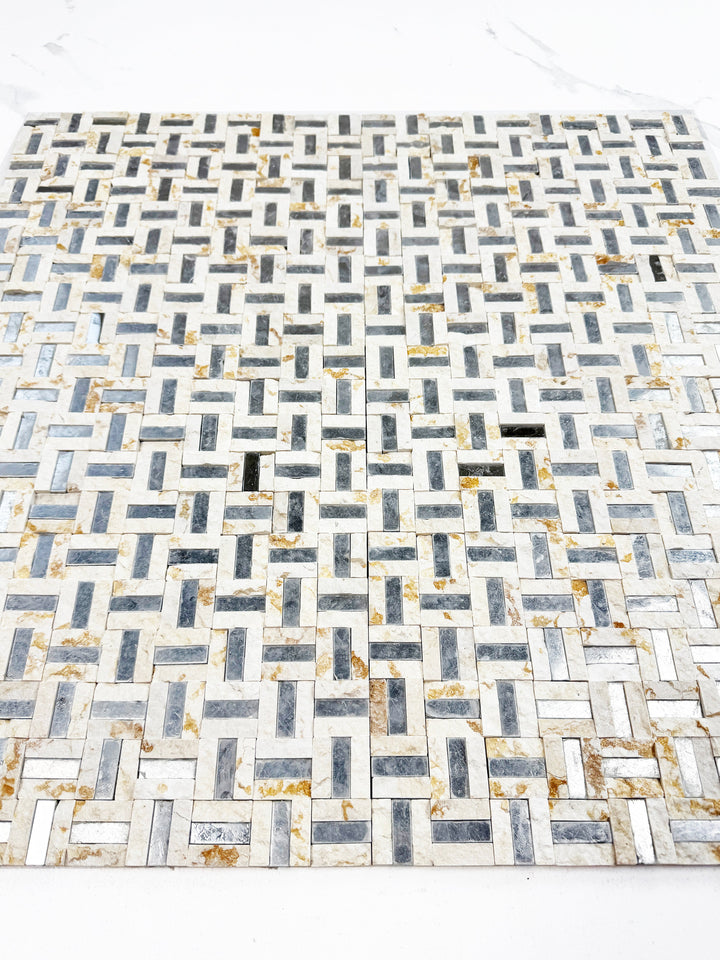 Sunny beige marble mosaic with silver stainless steel split surface