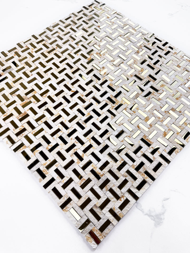 Sunny beige marble mosaic with gold stainless steel split surface