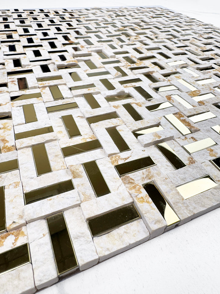 Sunny beige marble mosaic with gold stainless steel split surface