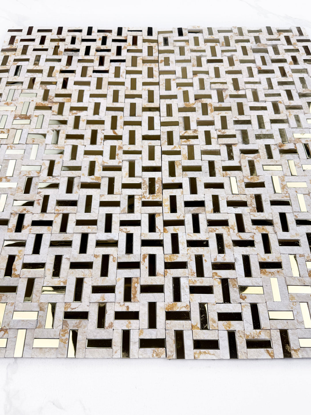 Sunny beige marble mosaic with gold stainless steel split surface