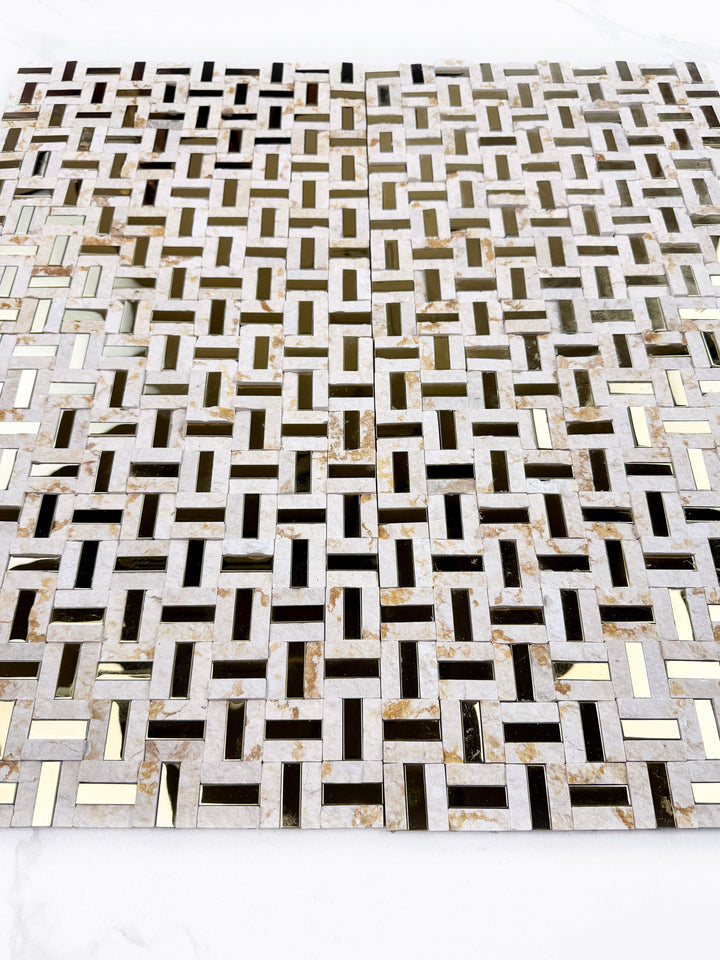 Sunny beige marble mosaic with gold stainless steel split surface