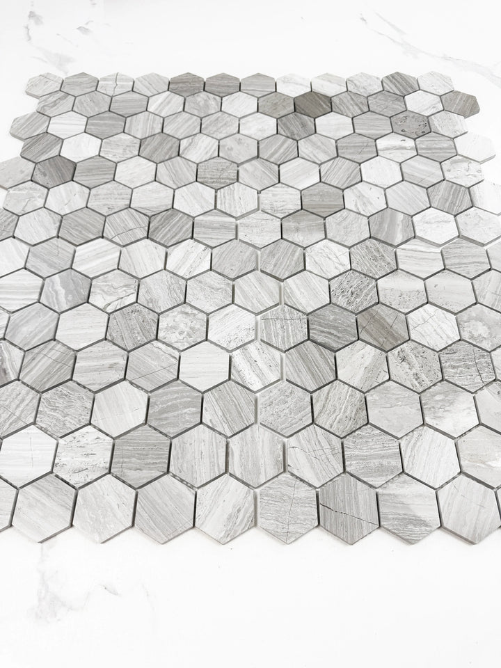 Hexagonal mosaic tile pattern on a white background, Grey Hexagon Marble Mosaic Tile