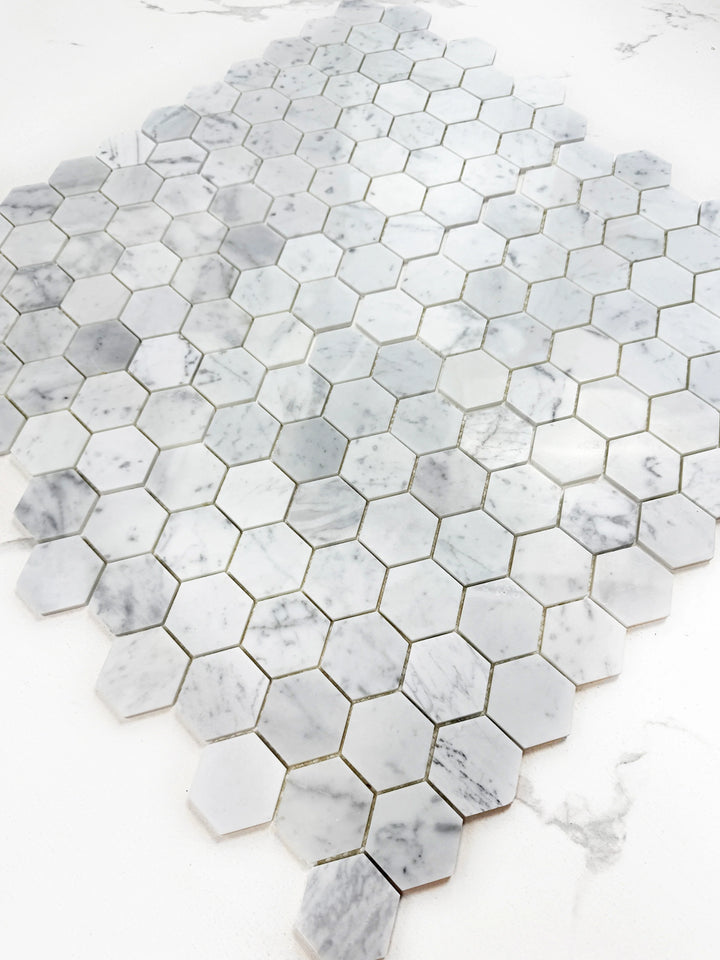 Carrara White Series Polished Hexagon Marble Mosaic Tile, grey marble finish, polished surface