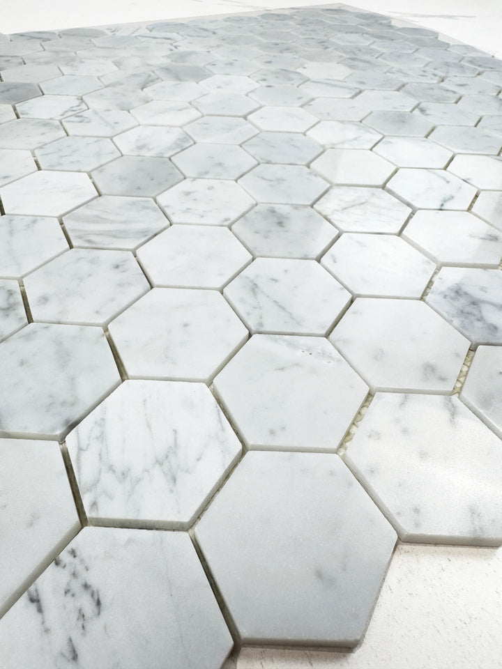 Carrara White Series Polished Hexagon Marble Mosaic Tile, grey marble finish, polished surface