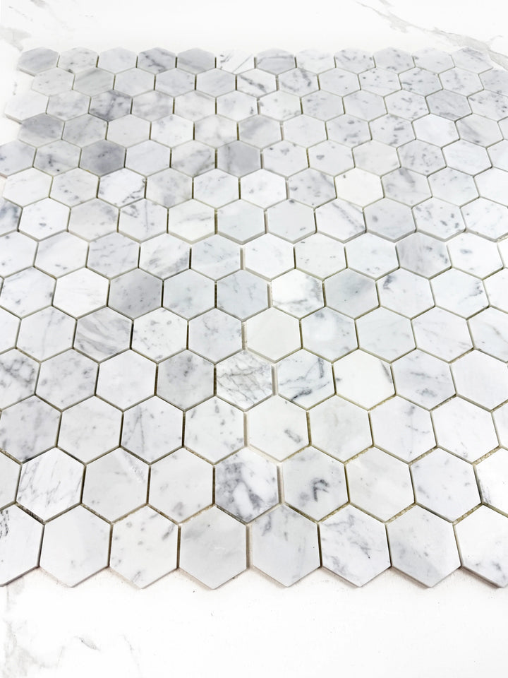 Carrara White Series Polished Hexagon Marble Mosaic Tile, grey marble finish, polished surface