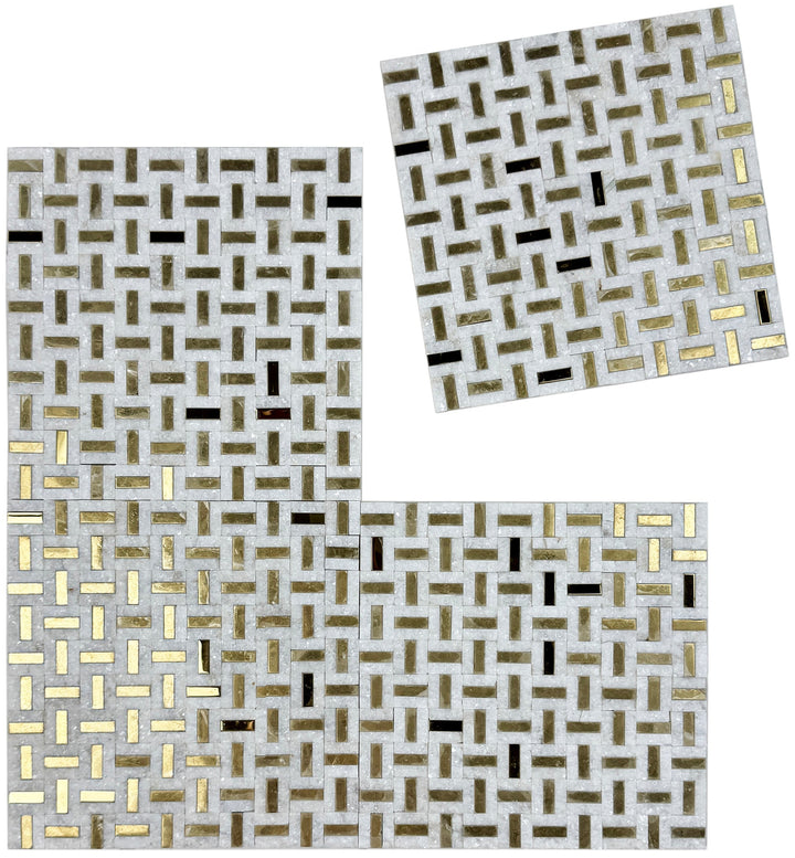White marble mosaic with gold stainless steel split surface