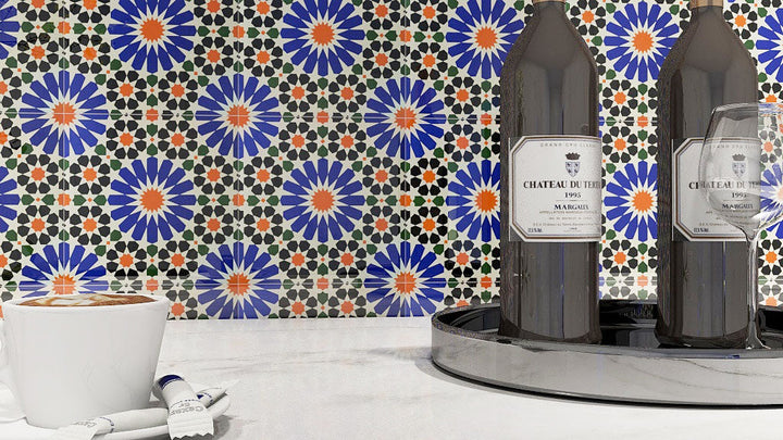 Blue, Cream & Black Moroccan Style Tile