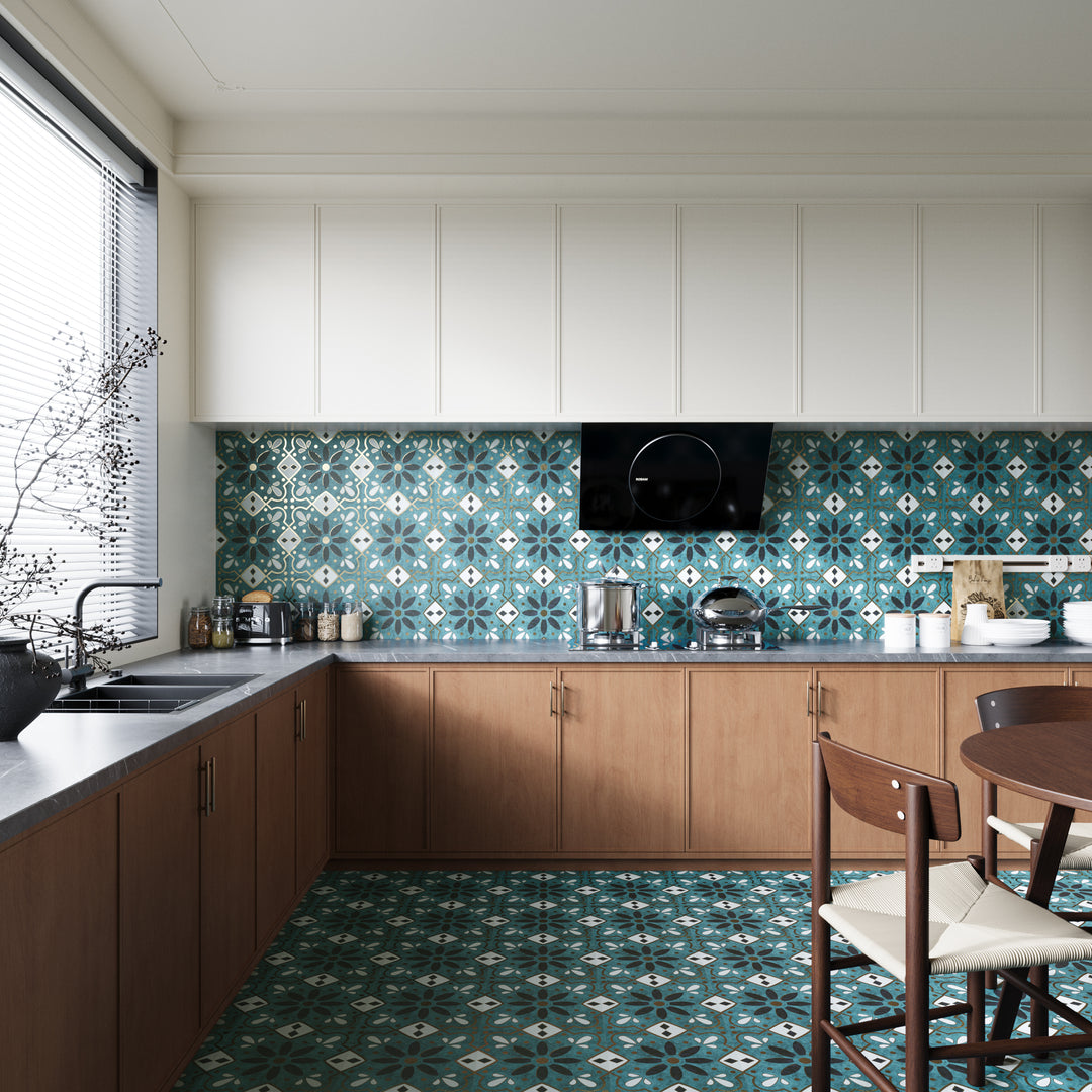 Teal, black & white Moroccan Style Tile