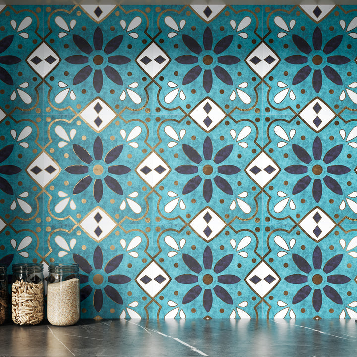Teal, black & white Moroccan Style Tile