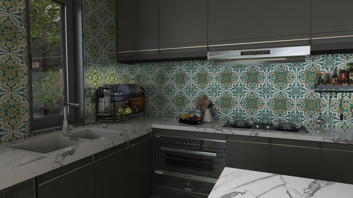 Gold, Green & Grey Moroccan Style Tile