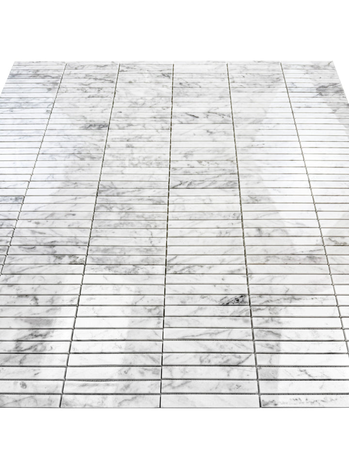 Carrara White Series Polished Slim Strip Rectangle Marble Mosaic Tile, grey marble finish, polished surface