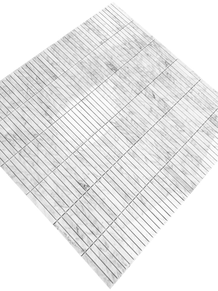 Carrara White Series Polished Slim Strip Rectangle Marble Mosaic Tile, grey marble finish, polished surface