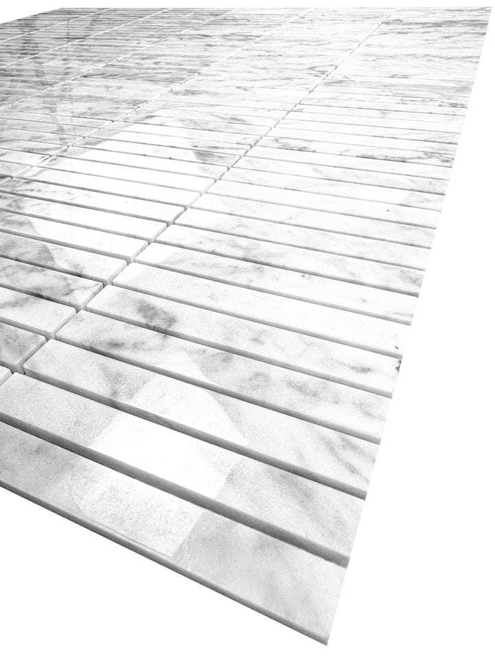 Carrara White Series Polished Slim Strip Rectangle Marble Mosaic Tile, grey marble finish, polished surface