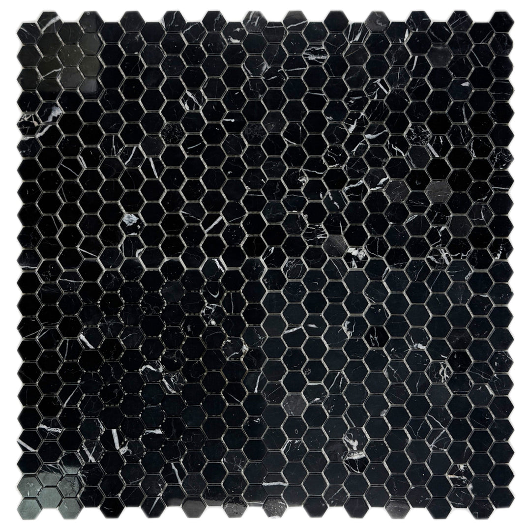 Noir Crest Black Marquina Polished Hexagon Marble Mosaic