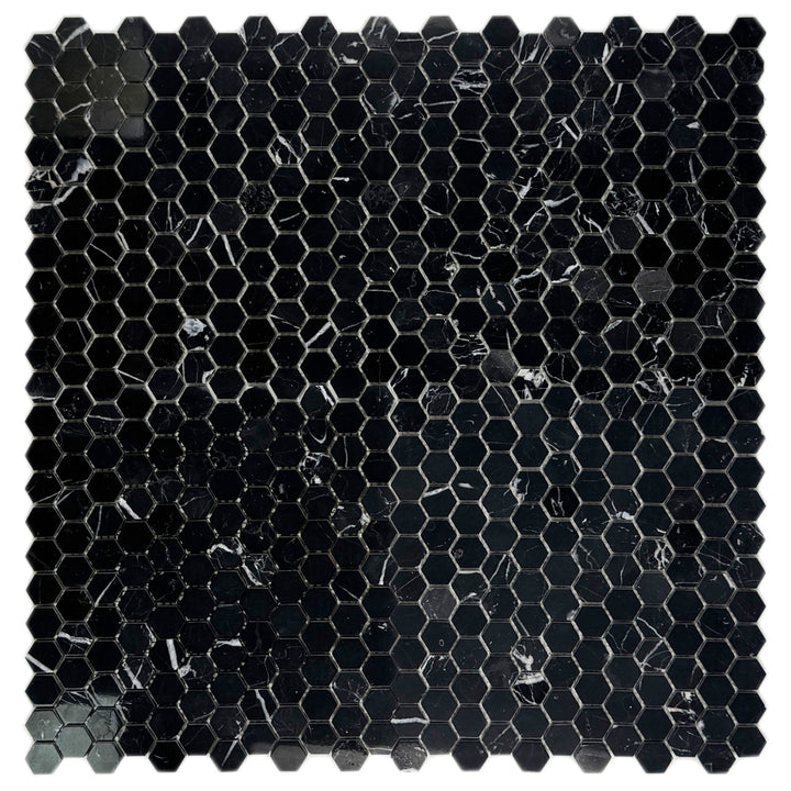 Noir Crest Black Marquina Polished Hexagon Marble Mosaic