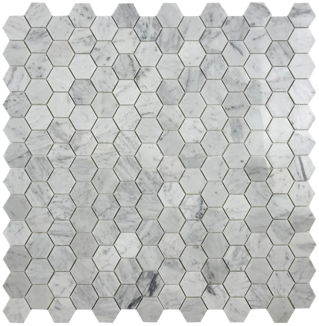 Carrara White Series Polished Hexagon Marble Mosaic Tile, grey marble finish, polished surface