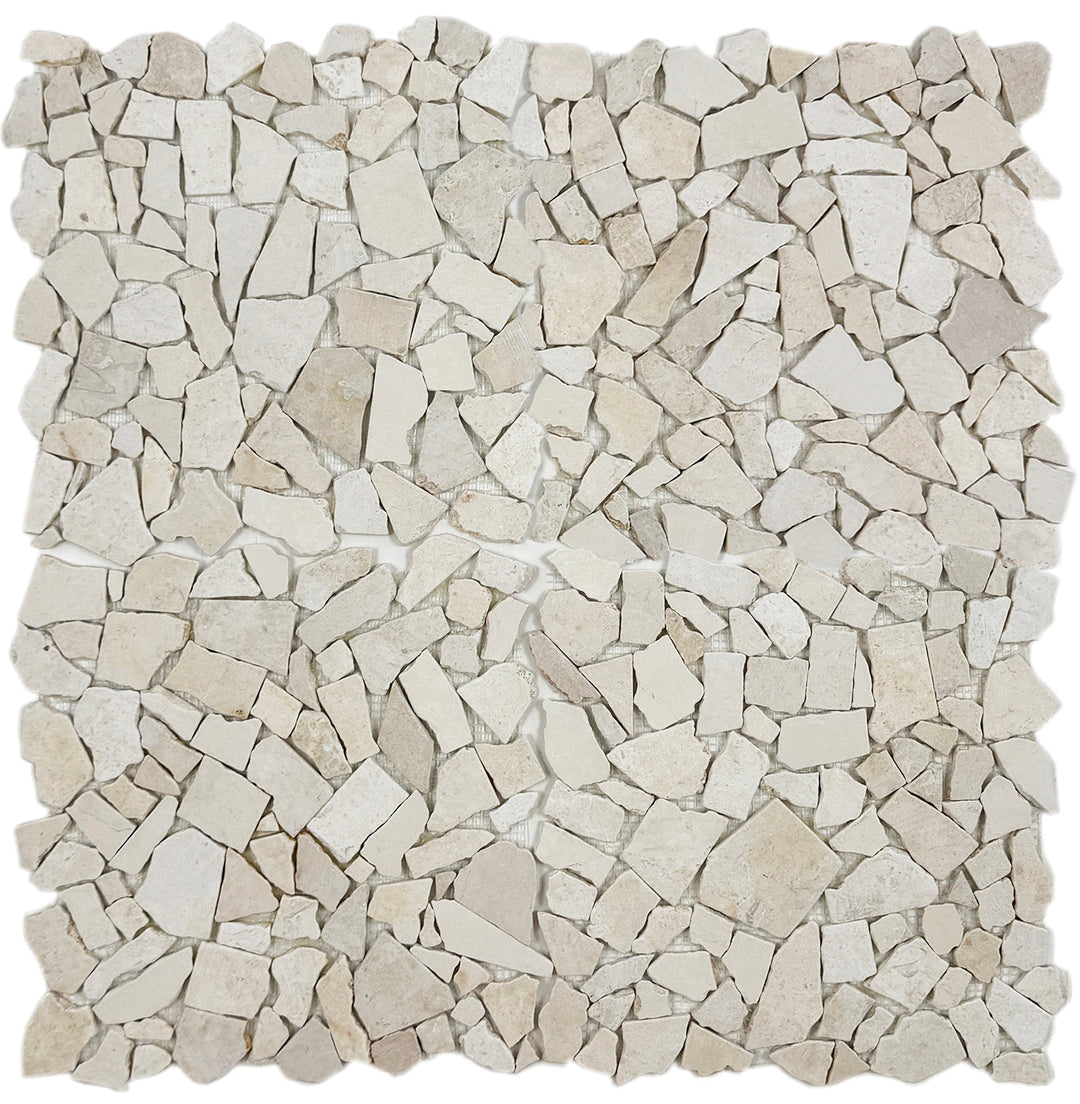 Square tile with a mosaic pattern of beige and white tiles on a white background