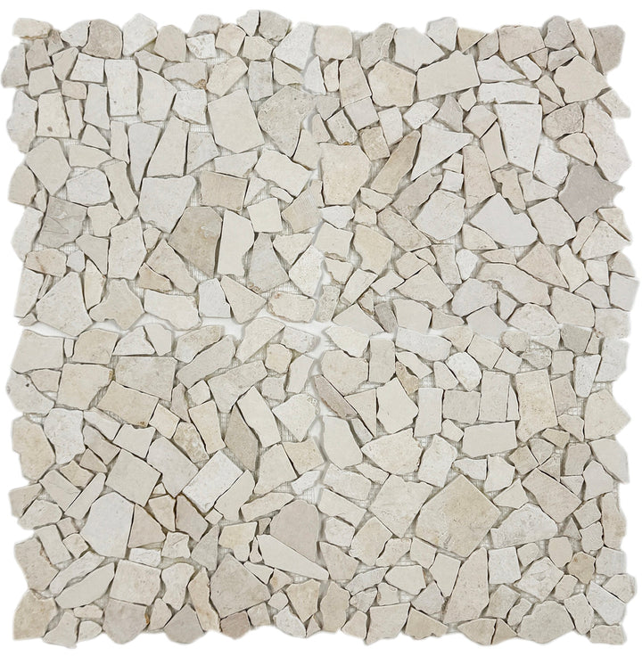 Square tile with a mosaic pattern of beige and white tiles on a white background