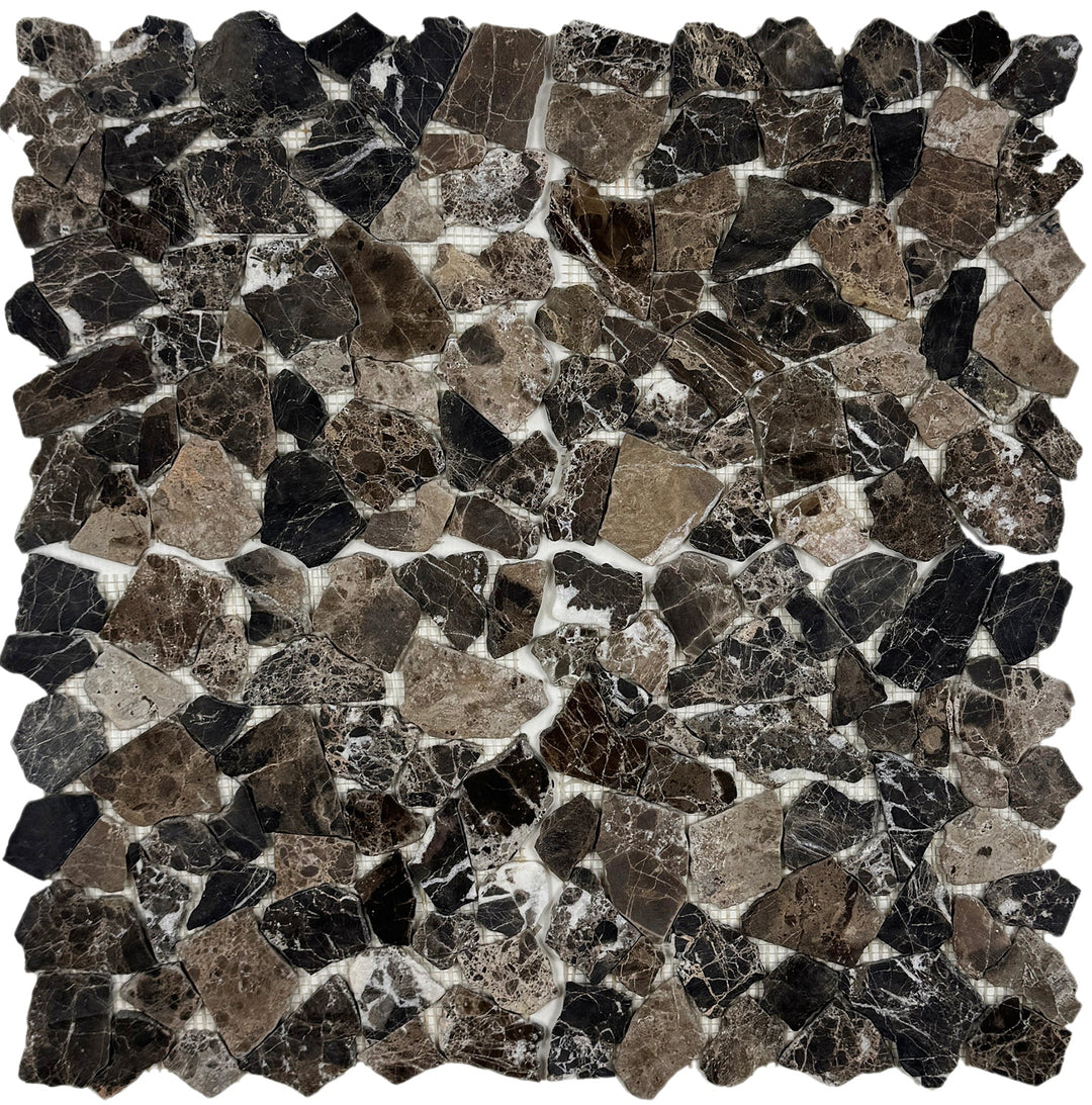 Mosaic stone tile with a mix of brown, black, and gray colors on a white background