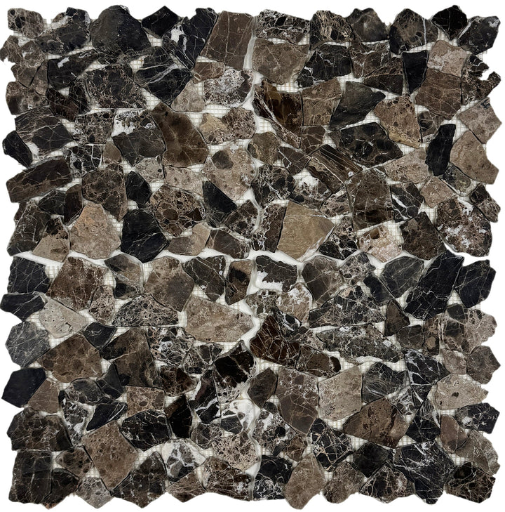 Mosaic stone tile with a mix of brown, black, and gray colors on a white background