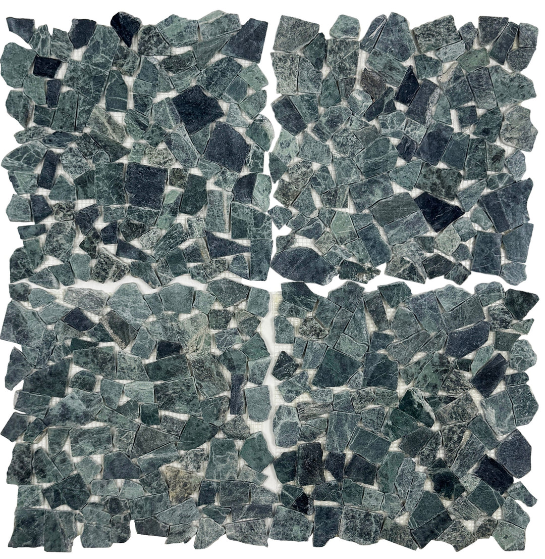 Mosaic pattern of dark green tiles on a white background