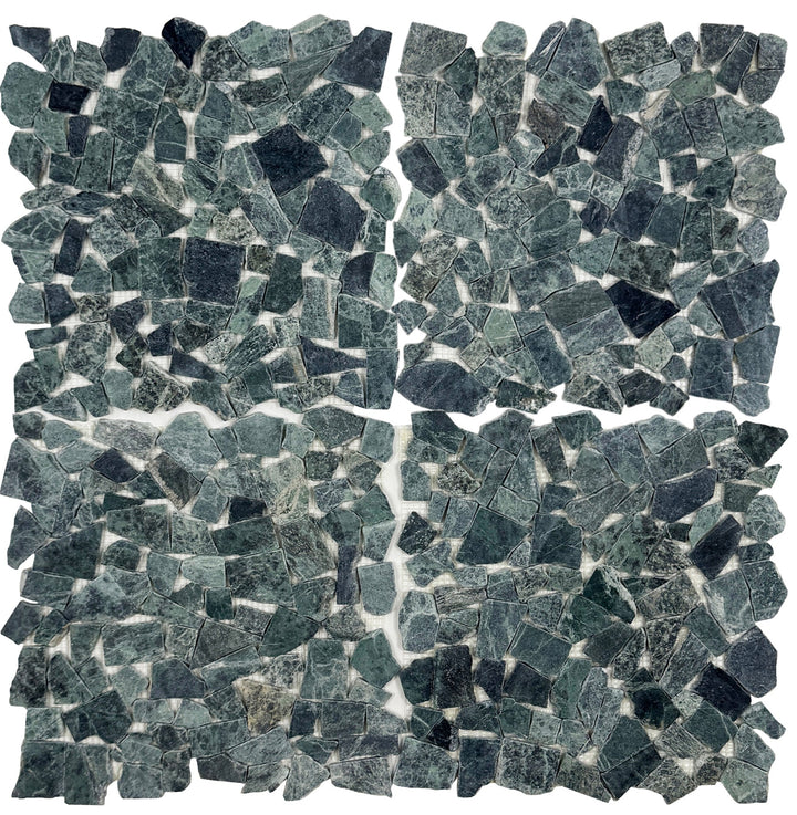 Mosaic pattern of dark green tiles on a white background