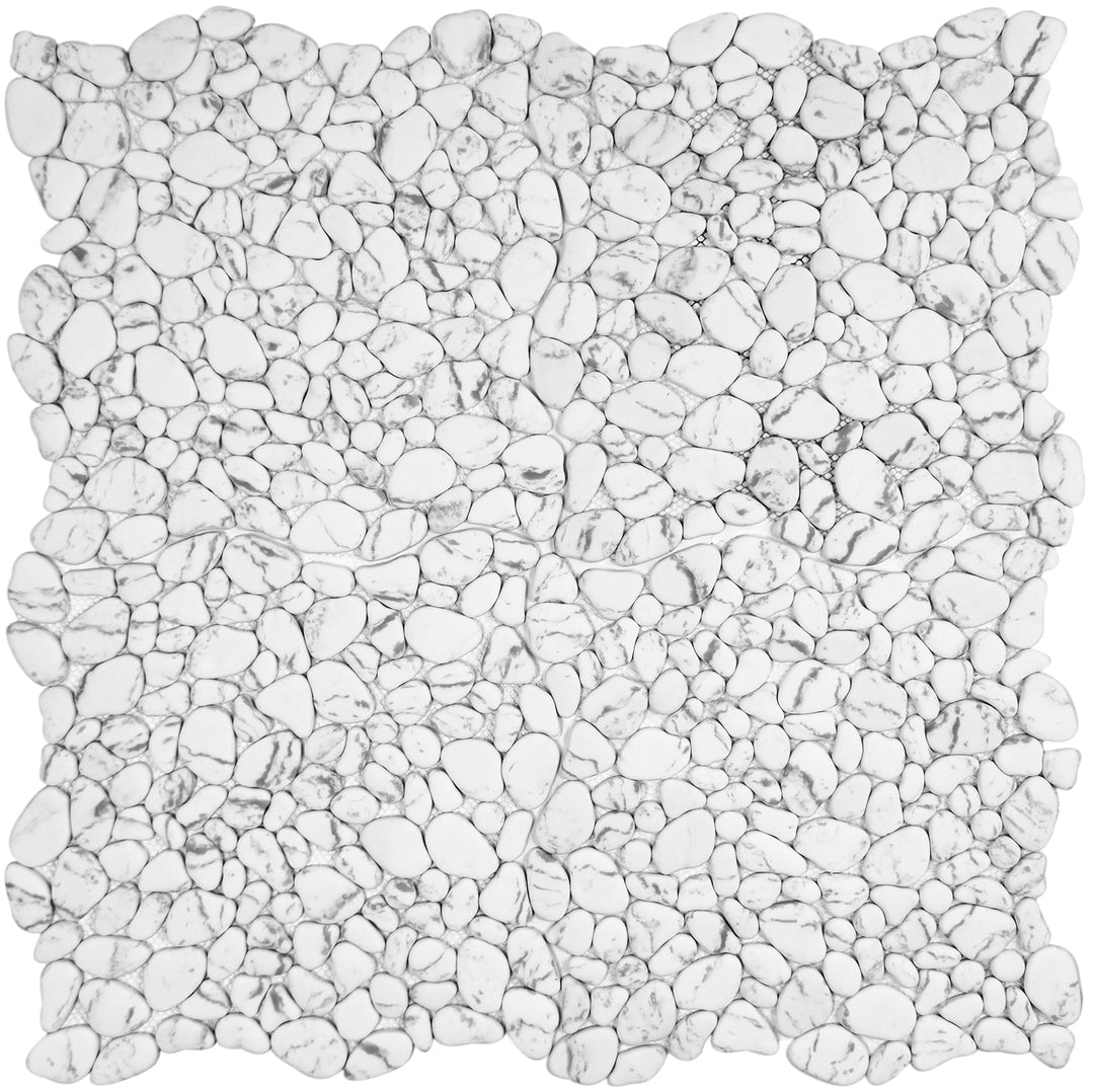Serene Pebble Series White With Black Vein Semi-Matte Irregular Round Shape Artificial Pebble Stone Mosaic